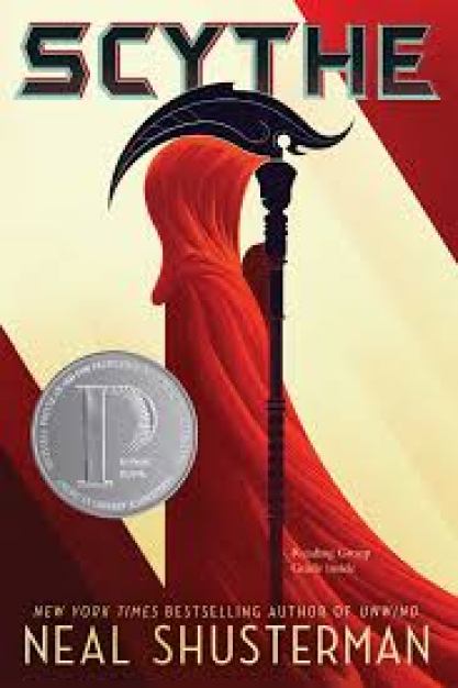 A figure in a hooded red cape holds a scythe looking like a futuristic grim reaper.