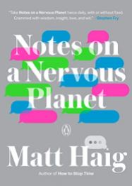A grey book cover with blue green and pink text messaging boxes and the title "Notes on a Nervous Planet."