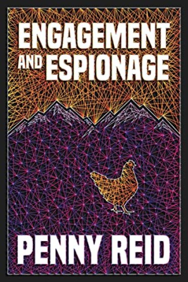 The book cover has a yellow and purple string art showing a chicken with purple mountains behind it and features the title "Engagement and Espionage"